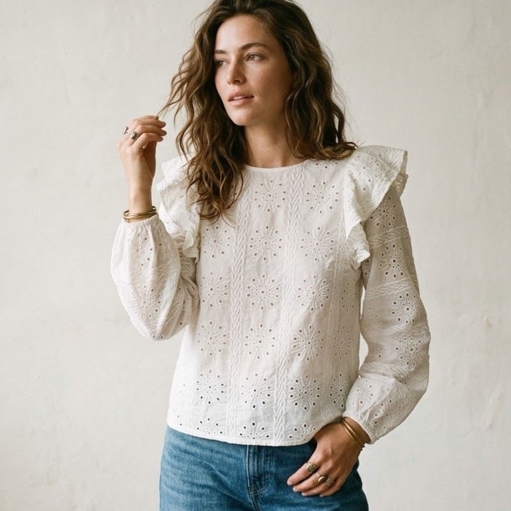 Happy Nature 100% Cotton Eyelet Long Sleeve Top Blouse Sz S Boho Chic Prairie